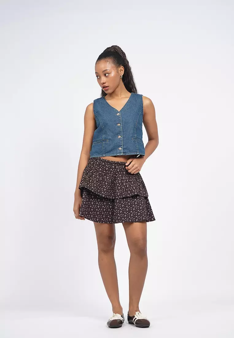 V-Neck Cropped Denim Vest