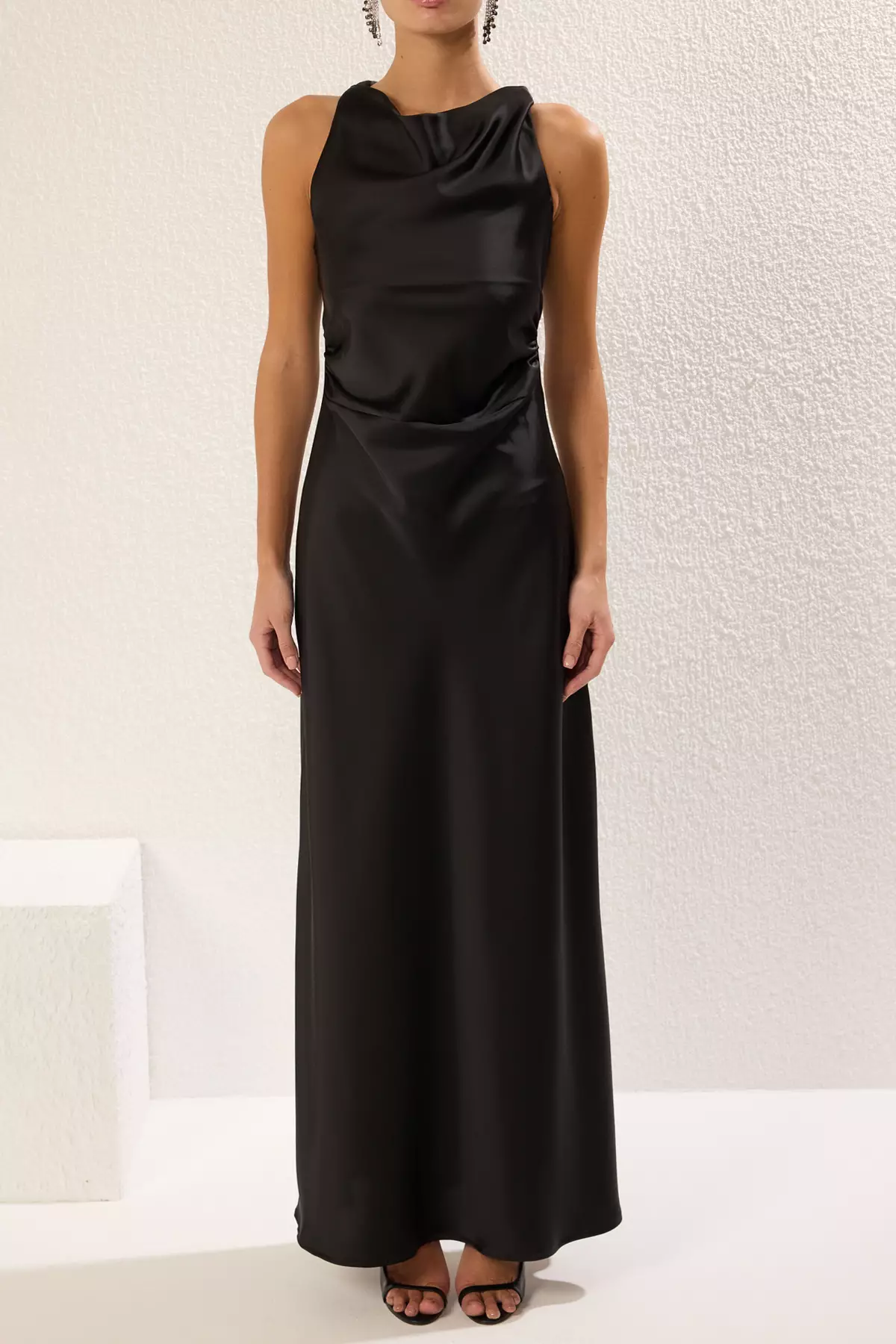 Black Bodycon Satin Woven Maxi Evening Prom Dress TPRSS25AE00066