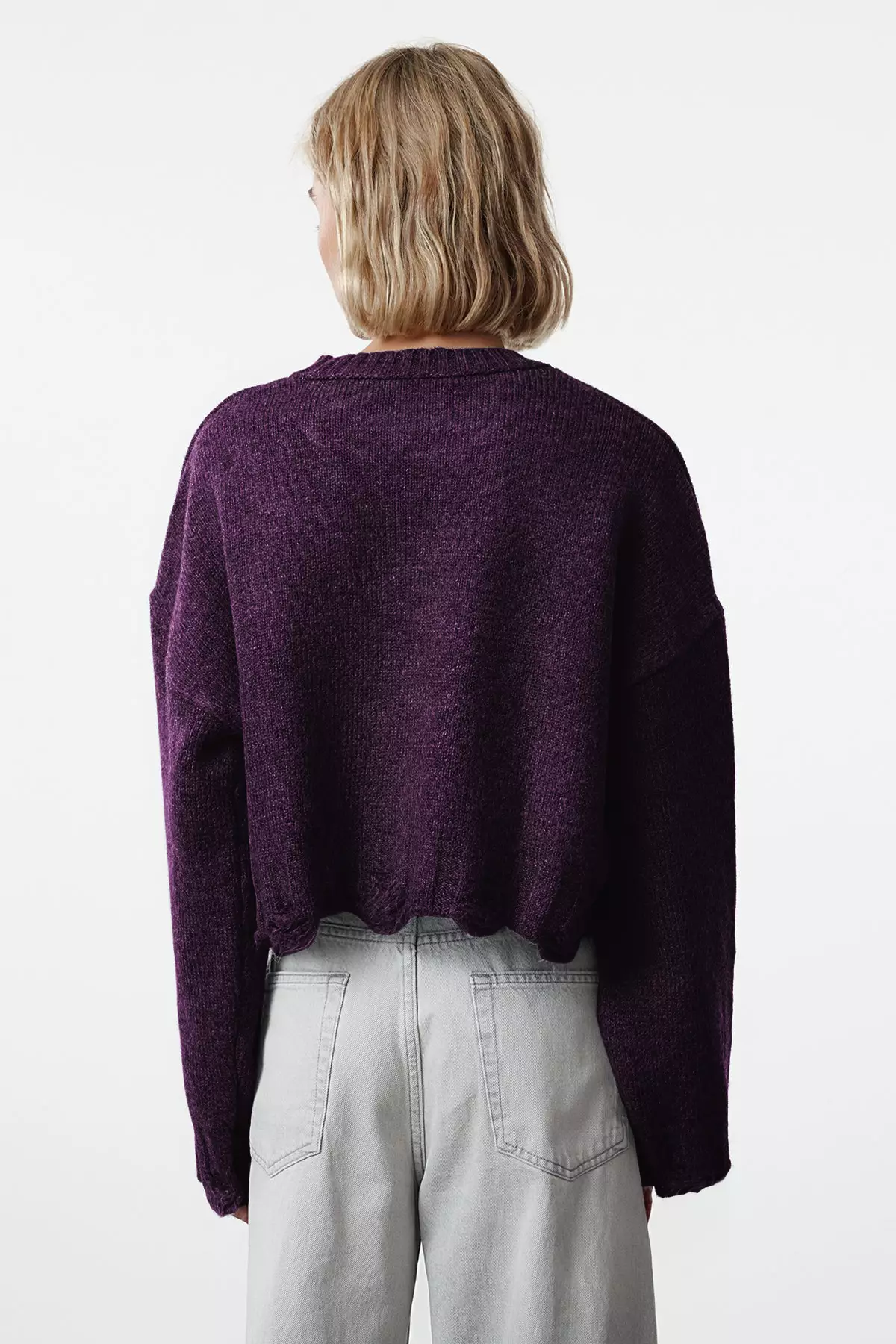 Purple Crop Wide Fit Soft Textured Pullover Detailed Sweater