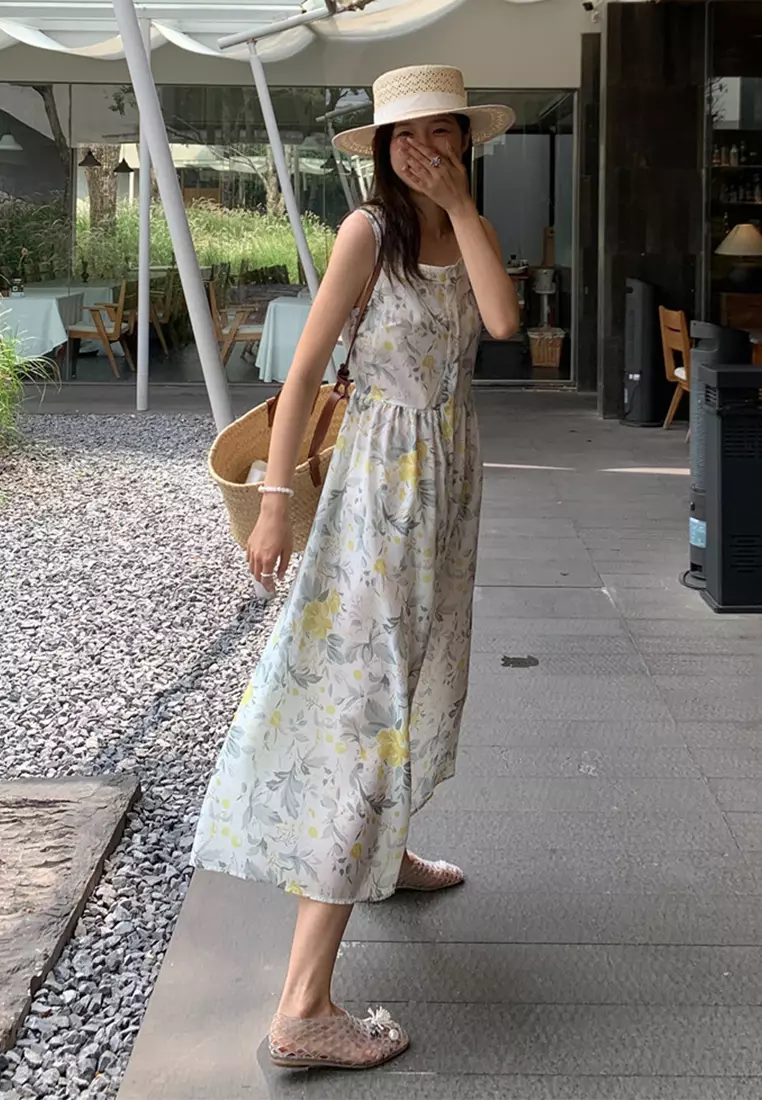 Vintage Square Neck Holiday Single Breasted Sleeveless Dress CA25060358W