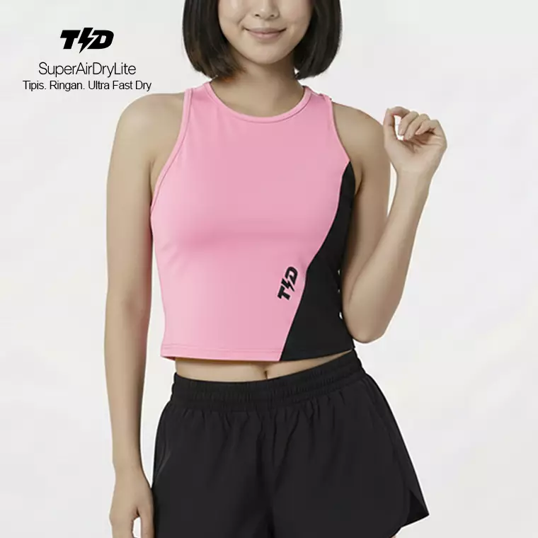 TDACTIVE Kaos Crop Tank Wanita Lari Running Padel diagcut hitam pink black pink LSF23