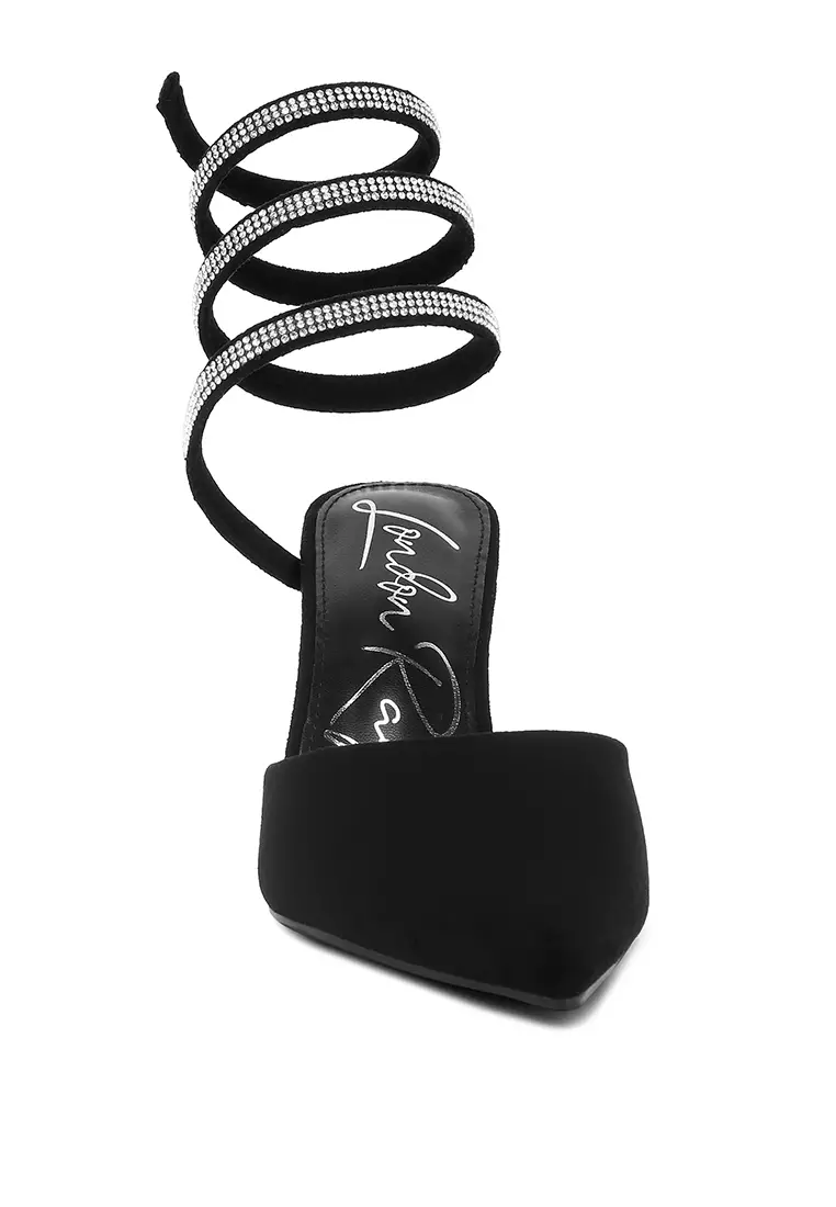 Black Rhinestone Embellished Strap Up Sandals