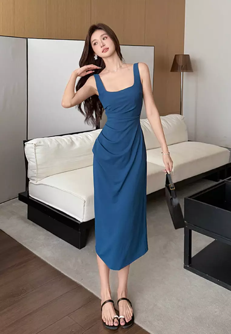 French Square Neck Waist Temperament Suspender Dress CA25060307BL