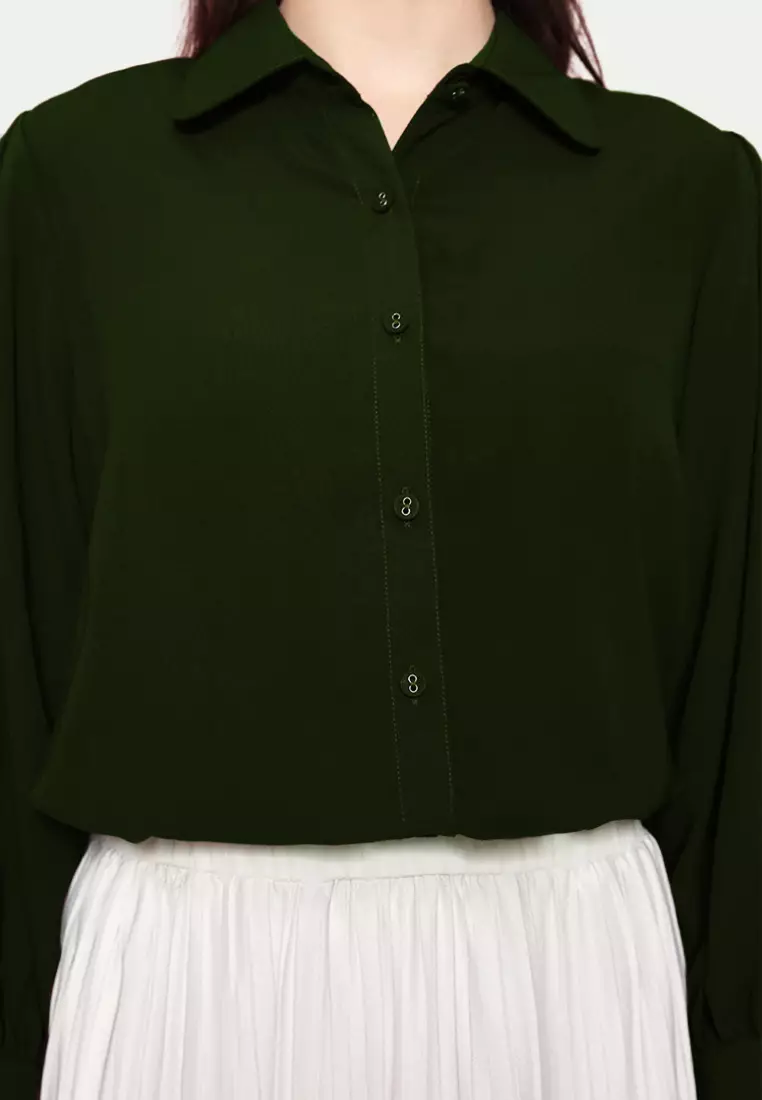 Plain Shirt With Long Sleeve In Dark Green By Brilliant Girl Warna HIJAU