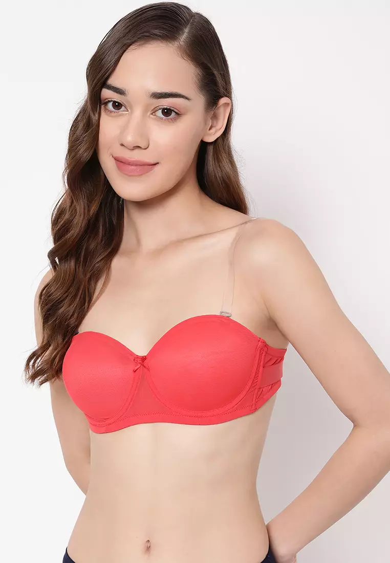 Clovia Invisi Padded Underwired Full Cup Strapless Balconette Bra in Red with Transparent Straps & Band