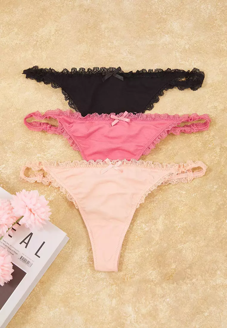 Pink-Multicolored 3-Pack Cotton Ribbon/Bow And Lace Detailed Knitted Thong Panties Thmaw26Ku00007