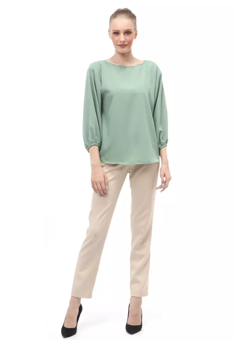 Blouse Lengan Balon Motif Solid Design Simple Regular Fit - Minty Green