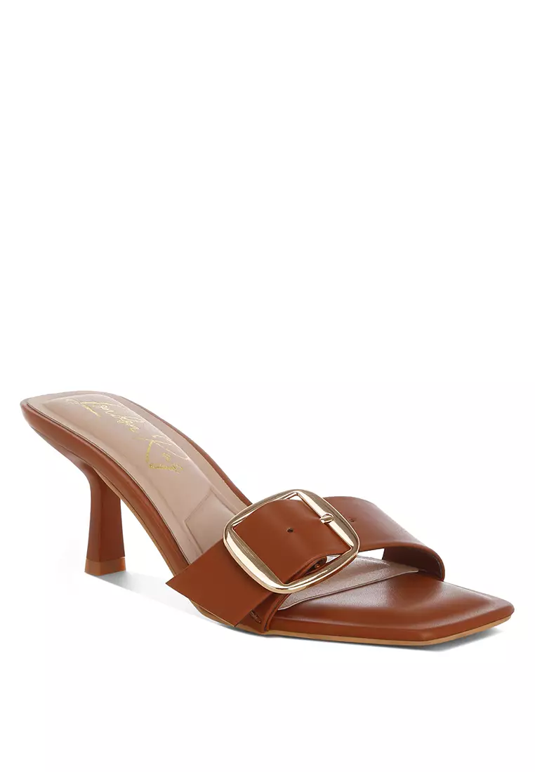 Buckle Strap Slip On Sandals in Tan