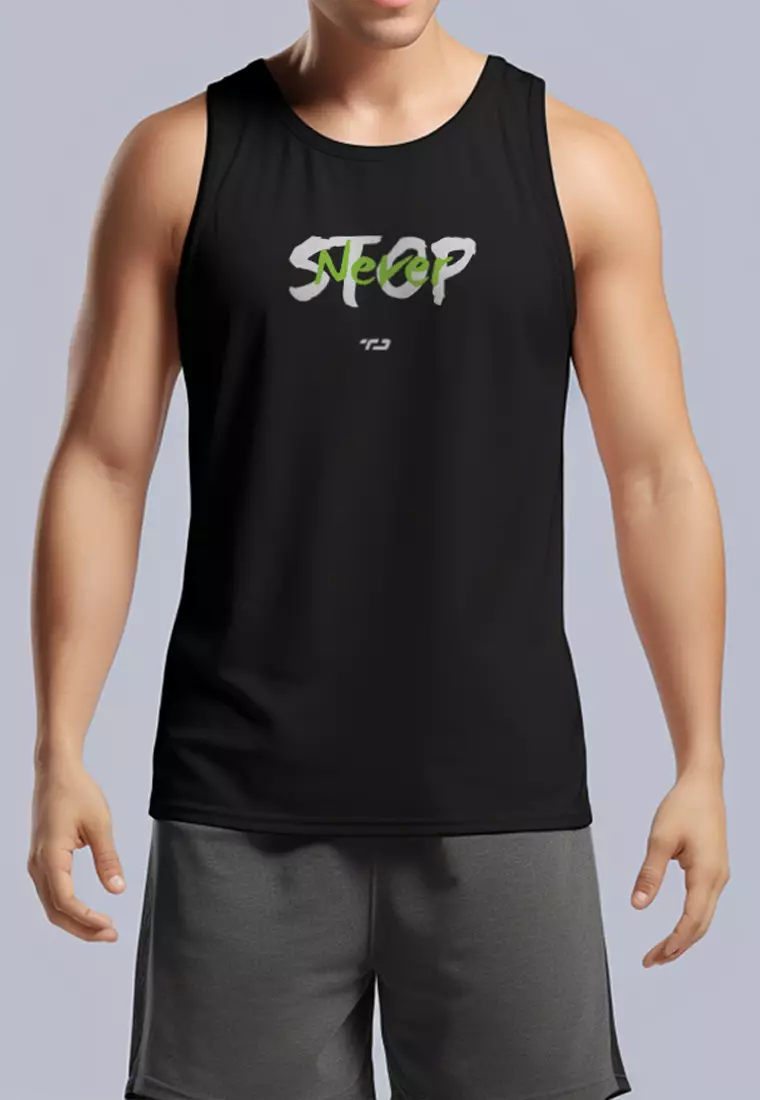 MSA78 kaos lari pria kutung tank top nanoamid stretch "never stop" hitam