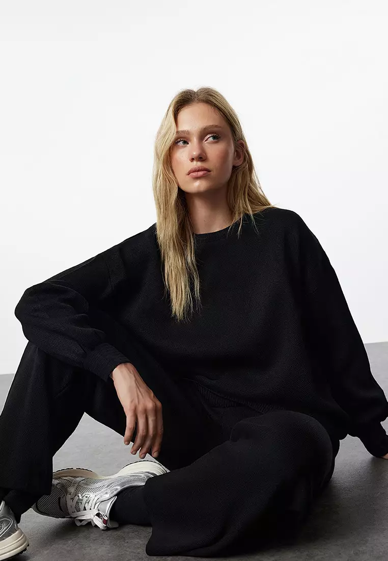 Black Wide Pattern Balloon Sleeve Knitwear Top-Bottom Set TWOAW24AU00067