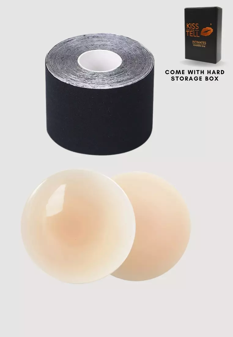 Premium Non Adhesive Nubra Nipple Cover and 5cm Body Tape Invisible Breast Lifting and Sports Muscle Tape Roll in Black