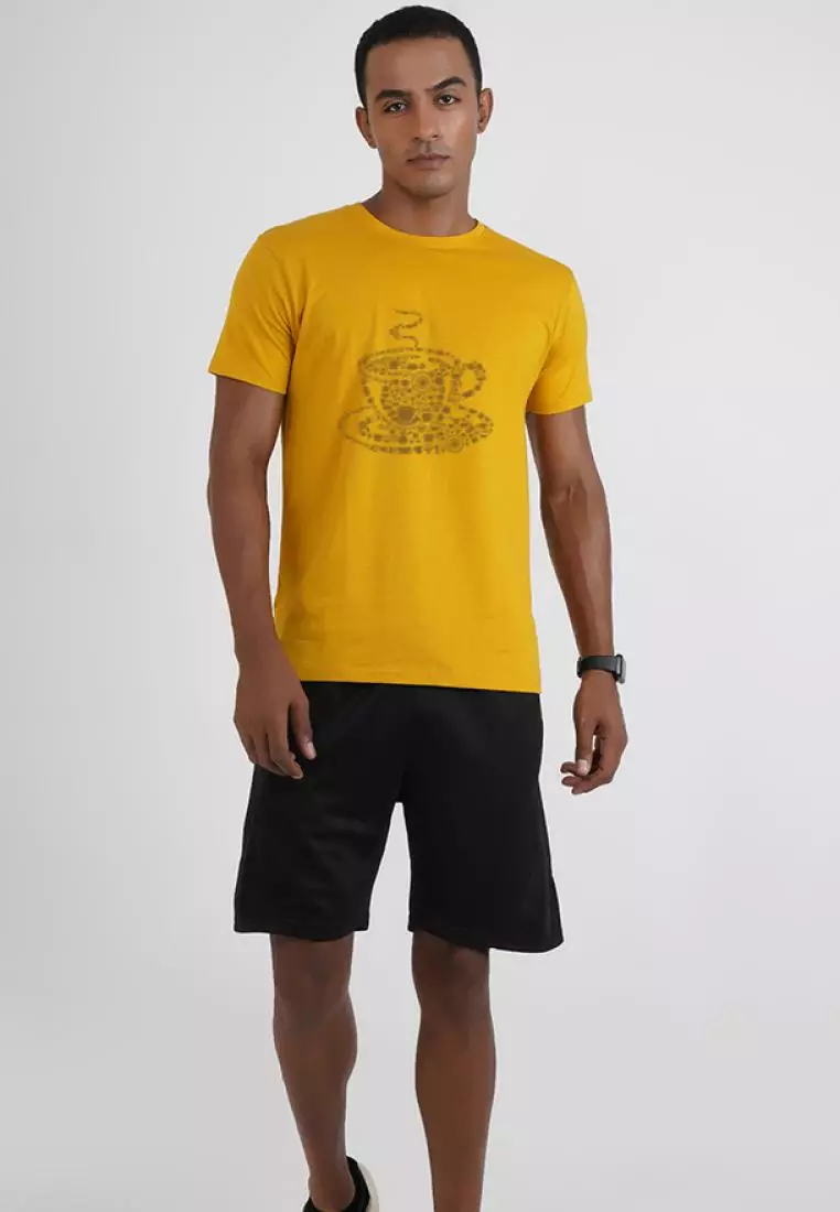 Coffee Graphic Yellow Cotton Short Sleeve Regular Fit T-Shirt