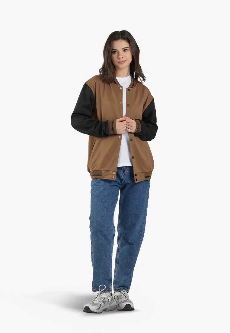 Buy INSPI Varsity Jacket Textured Mocha and Black 2024 Online ZALORA