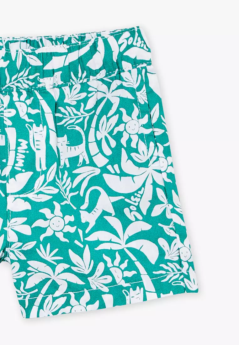 GREEN AND ECRU SHORTS WITH PALM AND SUN PRINTS