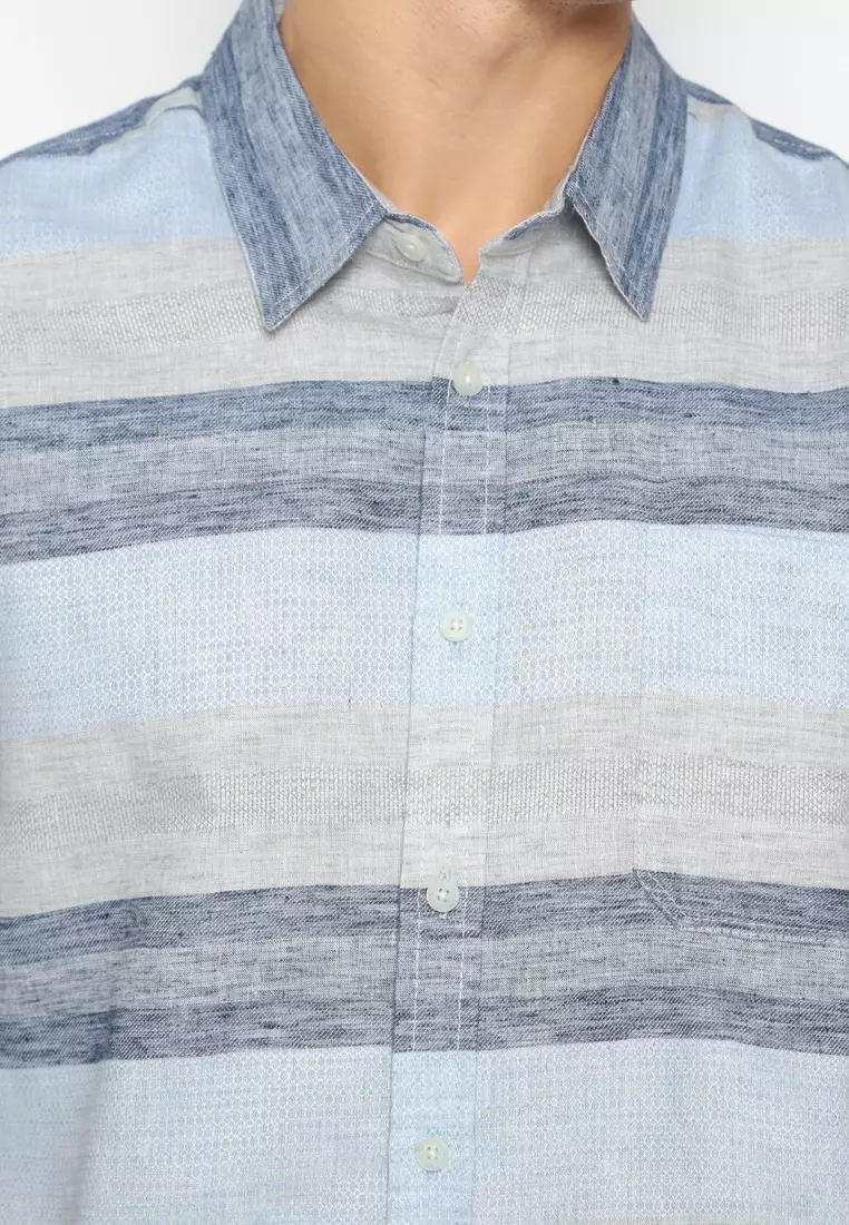 POLICE Kemeja Salur Printing Biru Abu Regular Fit Pria