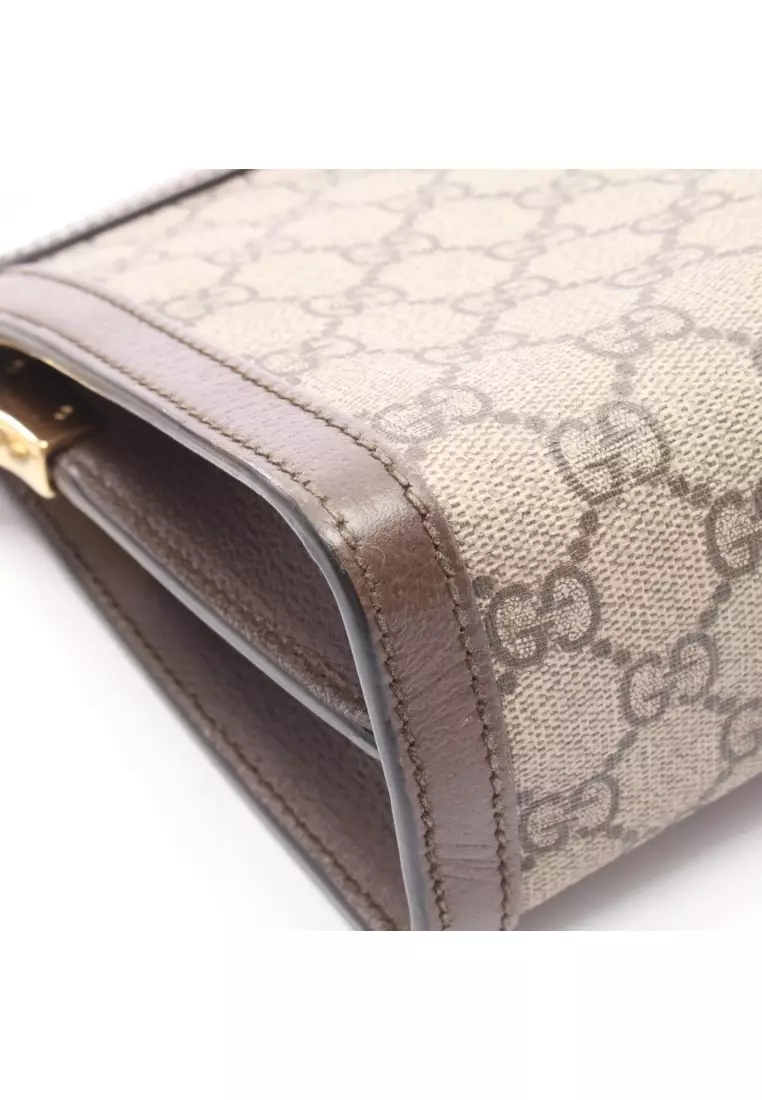 Pre-Loved Gucci Ophidia Small GG Supreme chain shoulder bag PVC leather beige Dark brown multicolor