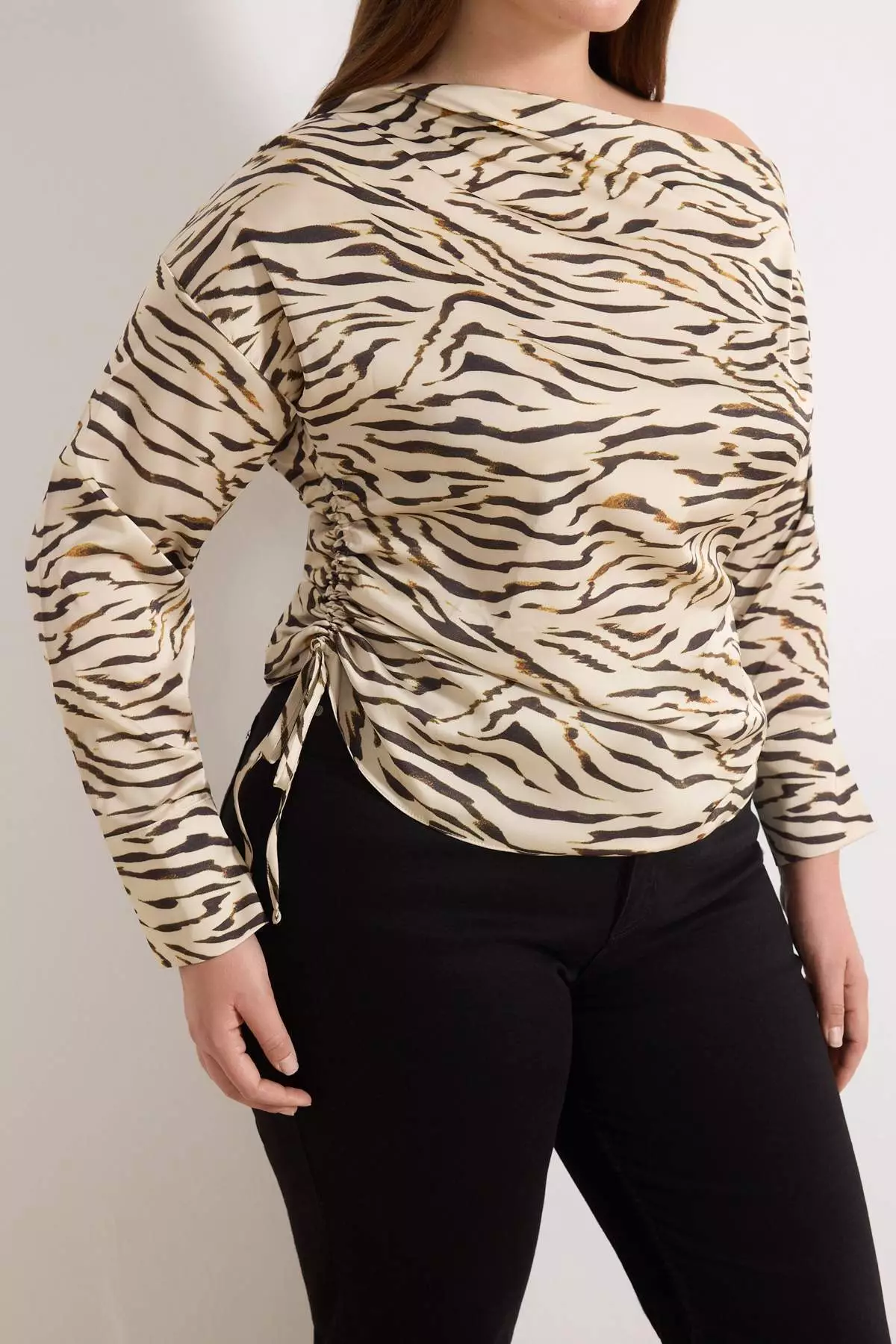 Beige Satin Zebra Patterned Long Sleeve Woven Plus Size Blouse Tbbss26Af00019