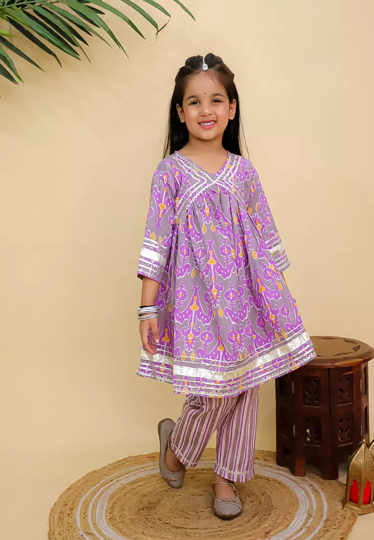 The Mom Store Sage Violet Girls Anarkali Kurta Set - Multi