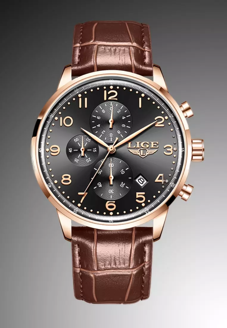 Chronograph Unisex Rose Gold Colored Quartz Watch 43mm, black dial, Brown Leather Strap