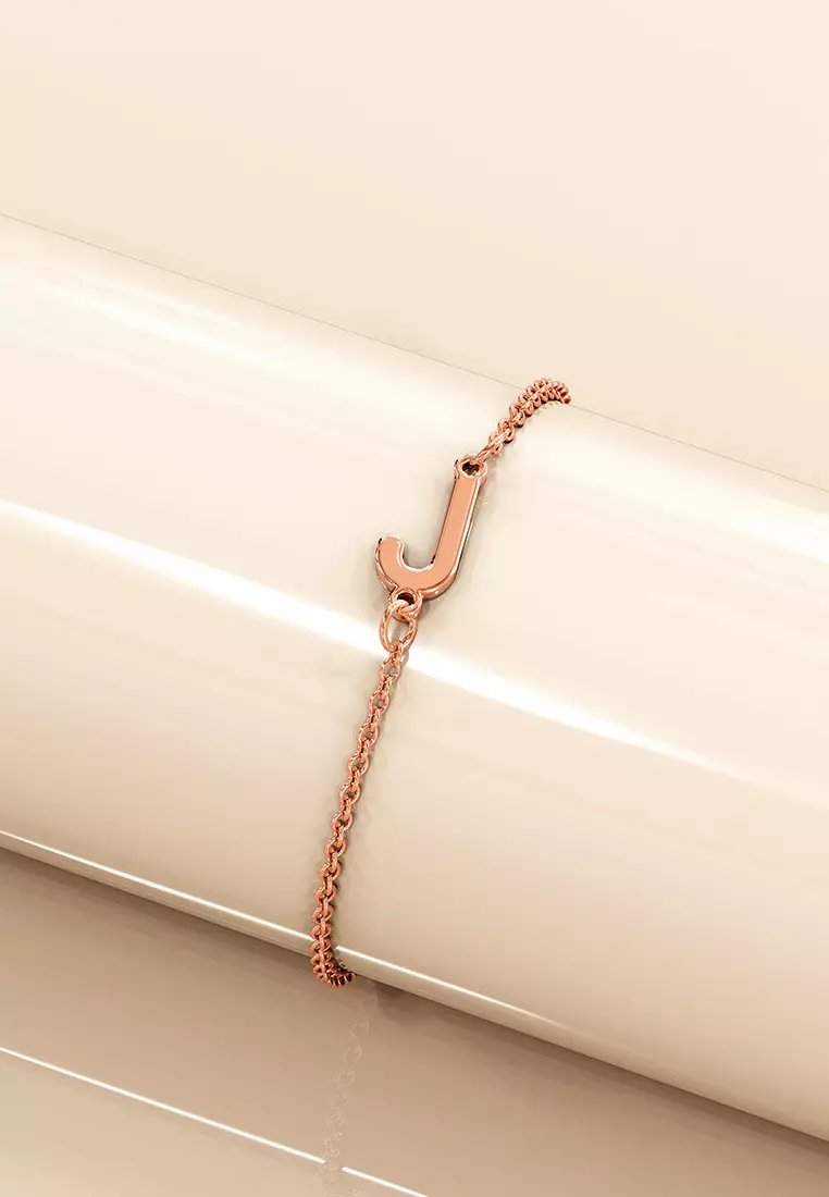 Bold Alphabet Letter Initial Charm Bracelet in Rose Gold Tone - J
