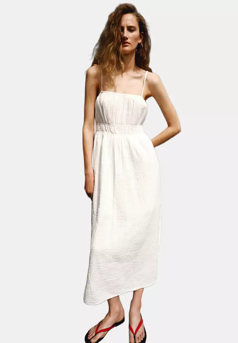 mango white midi dress Mango Edine Ruched Midi Dress, Natural White
