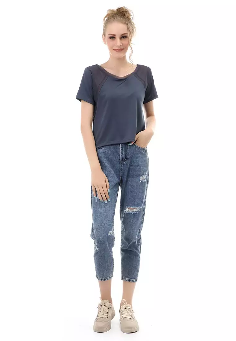 Baju Olahraga Kaos Sport Wanita Short Sleeve Absorb Sweat Kombinasi Jaring Material Polyester ORIGINAL - Grey