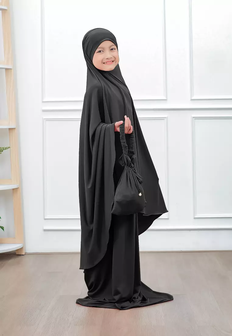 Zelena - Raudhia Prayer Set | Mukena French Khimar Set - Black - Remaja