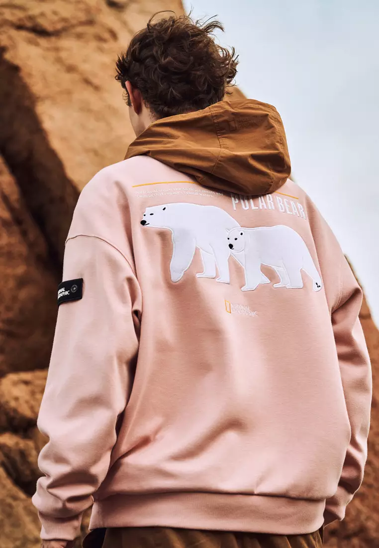 【NATIONAL GEOGRAPHIC】 Polar Bear Graphic Sweatshirtt ★ Unisex Polar Bear Graphic Fleece Sweatshirt - M/IVORY