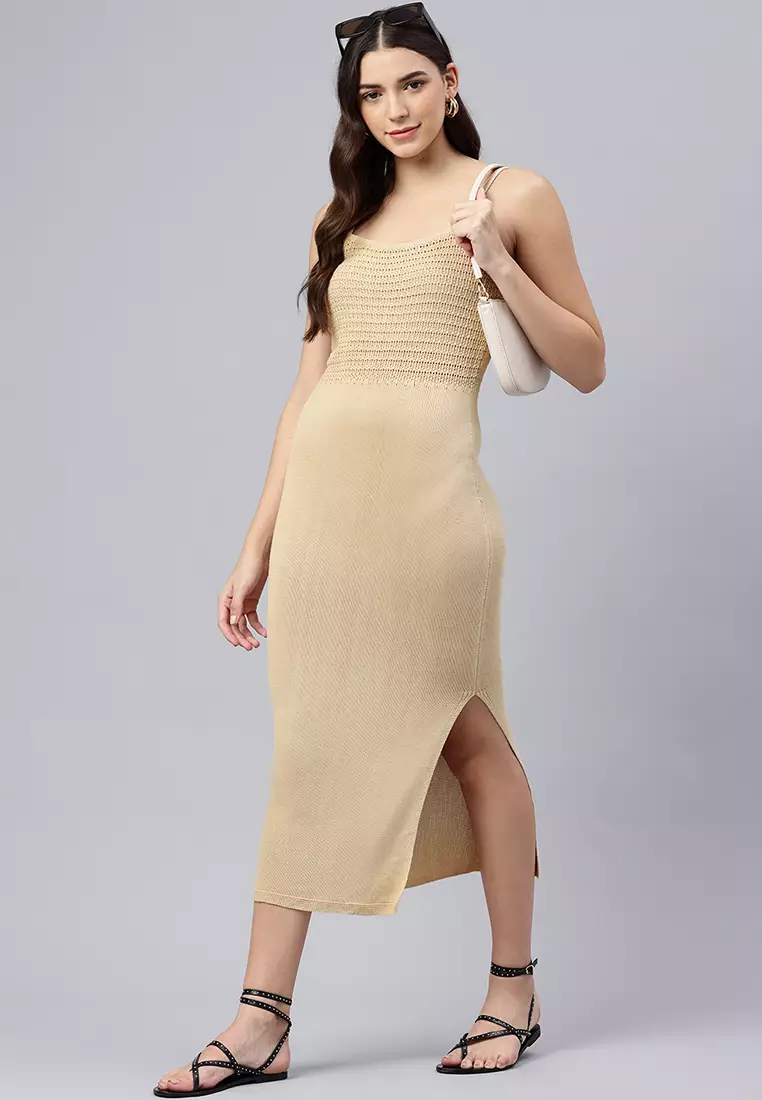 Natural Straight Side Slit Dress