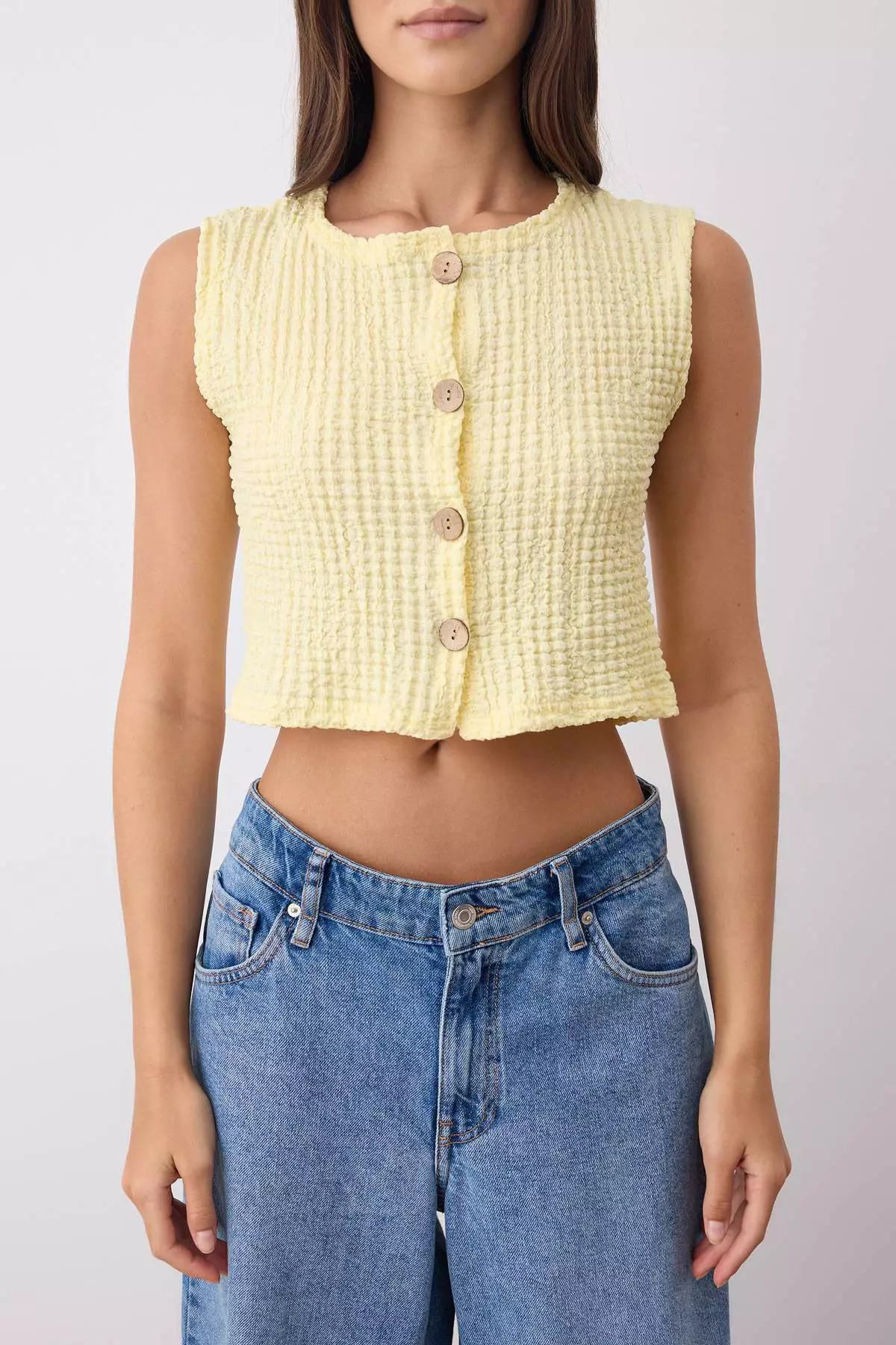 Yellow Textured Buttoned Fitted Crop Flexible Knit Blouse Vest