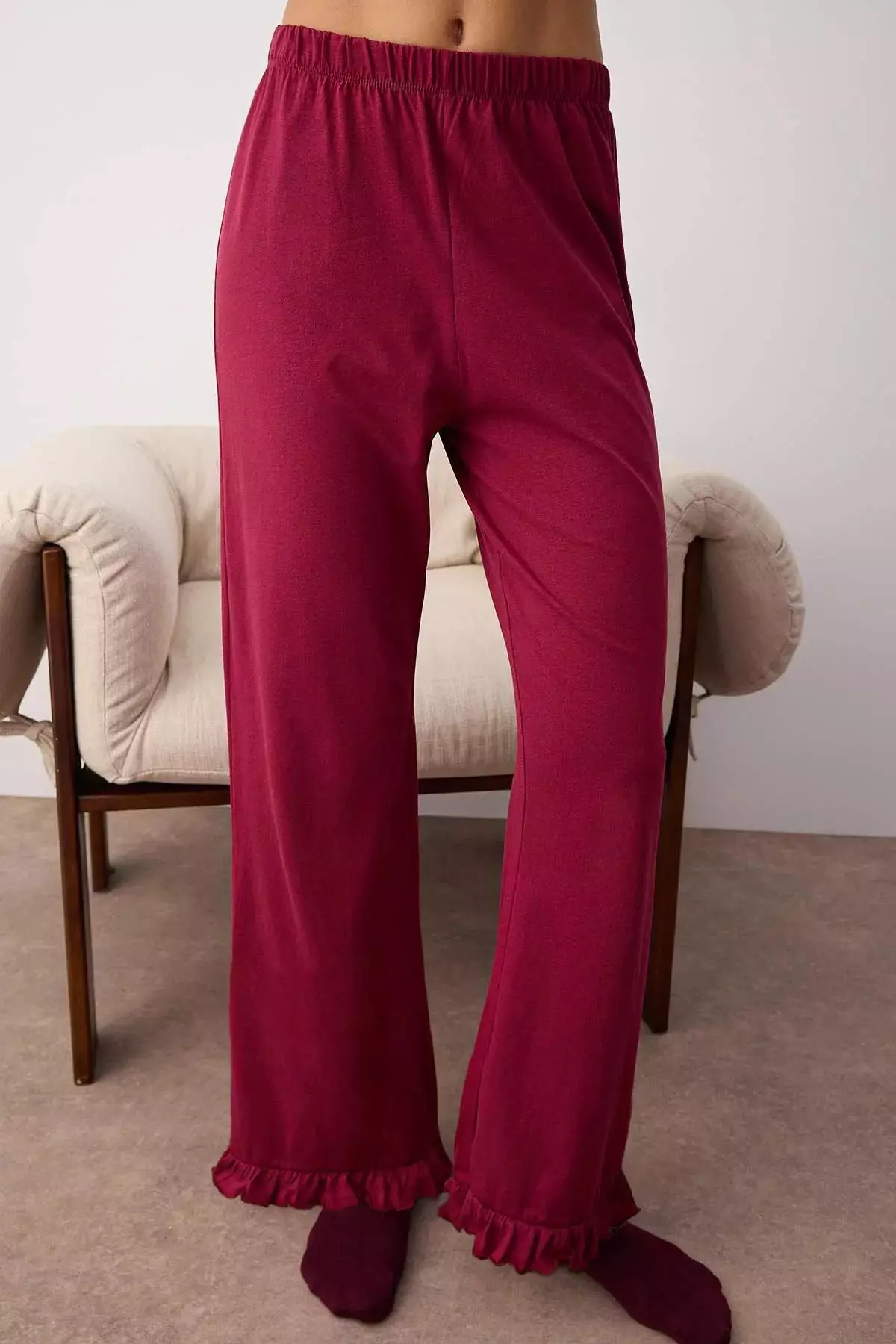 Burgundy 100% Cotton Ruffle Knitted Pajama Set Thmaw26Pt00057