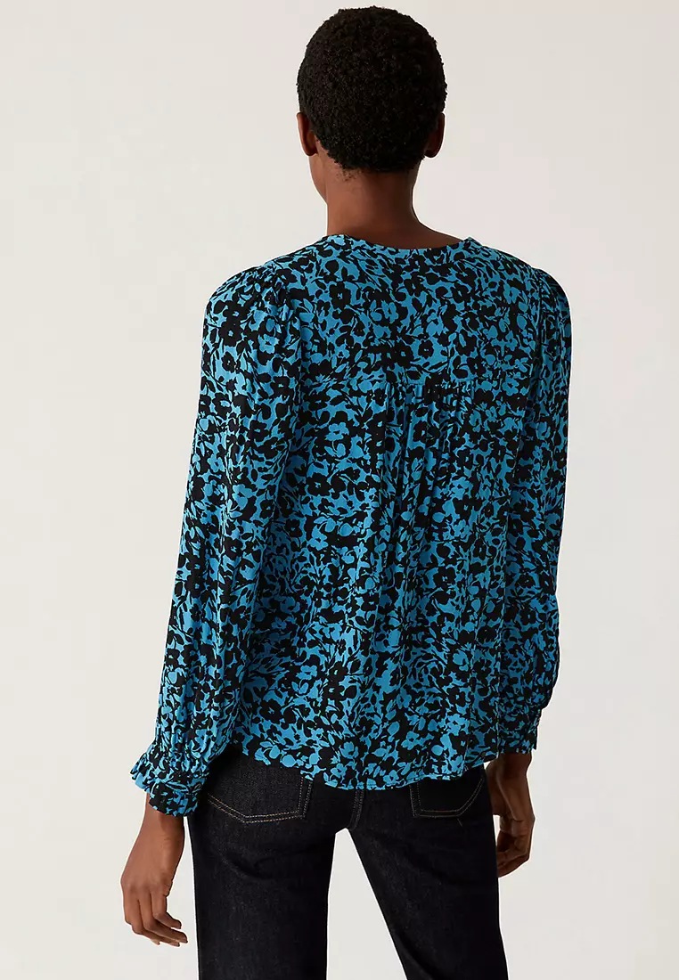 Floral Crew Neck Lace Insert Blouse