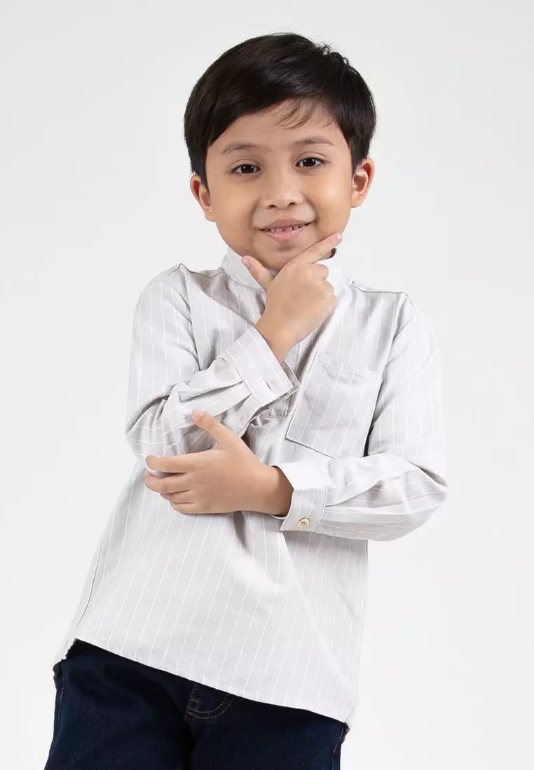 Forest Kids Boys Cotton Striped Long Sleeve Collar Shirt | Baju Kemeja Budak Lelaki Lengan Panjang - FK20262-05LtGrey