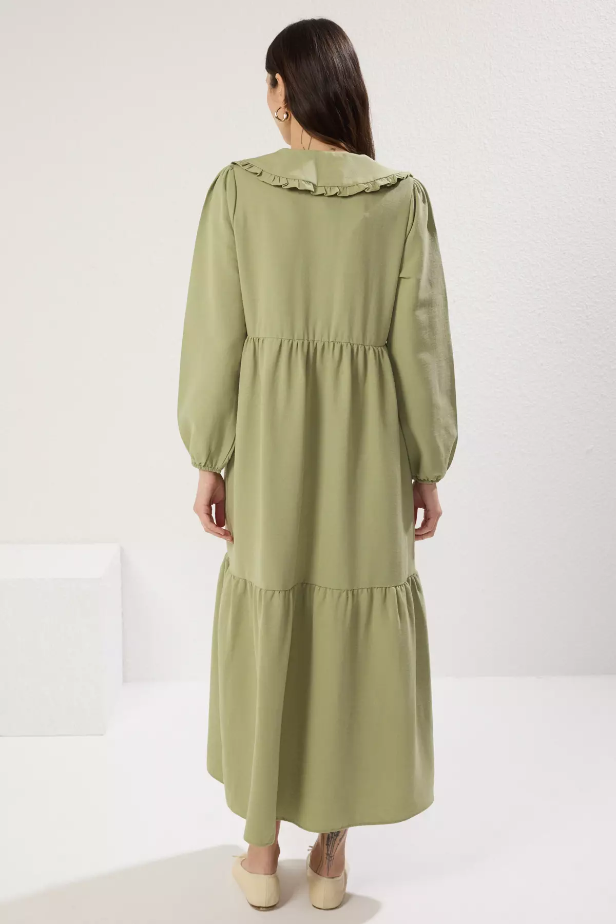 Green Embroidered Detailed Linen Look Woven Dress TCTSS23EB00257