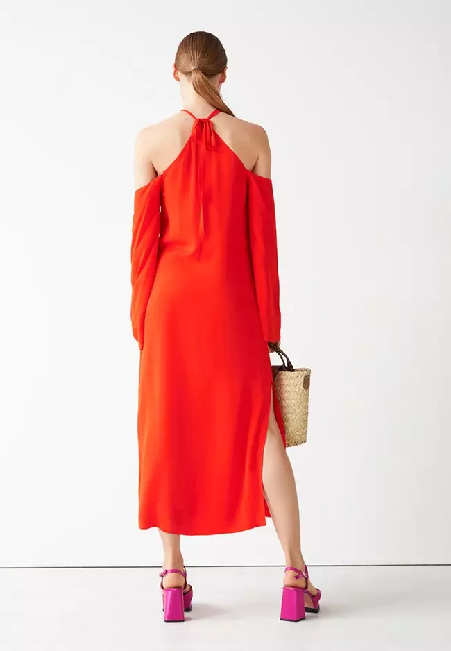 Red halter midi dress store