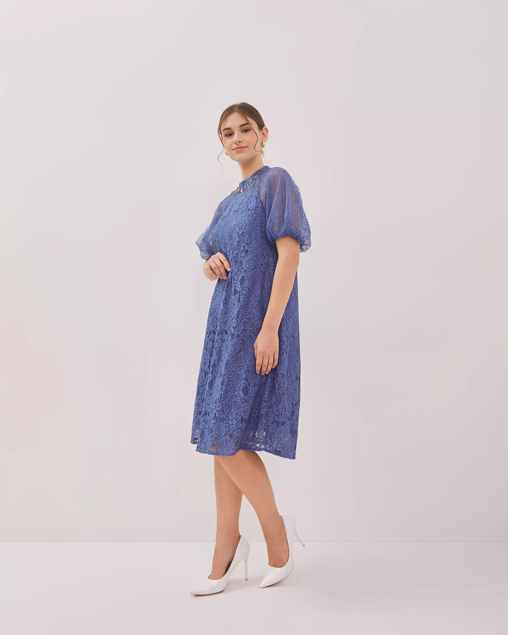 Urban Exchange Jane Dress Blue / Terusan Midi Dress Brokat Festive Natal Warna Blue
