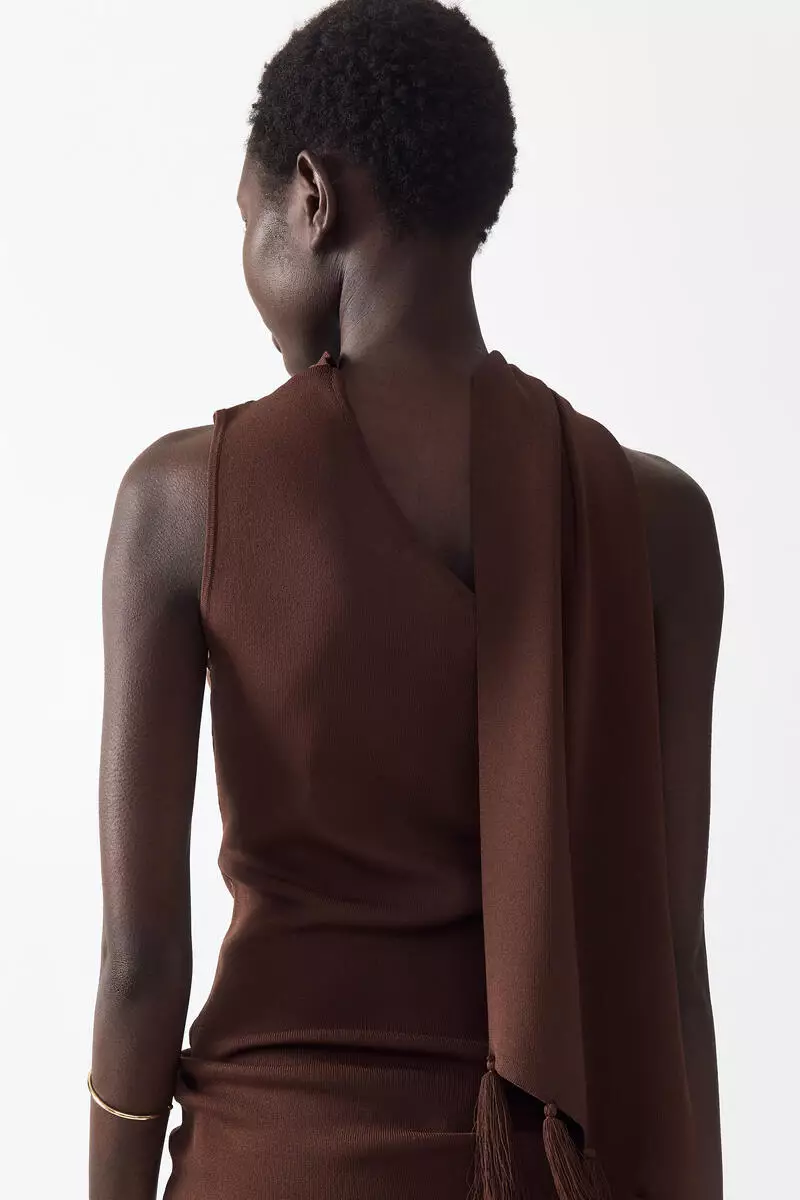 One-shoulder scarf-detail knitted top