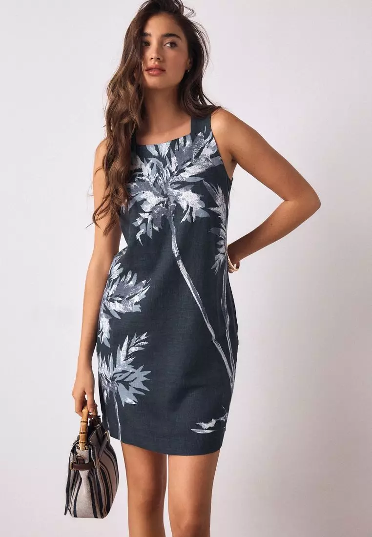 Square Neck Shift Mini Dress with Linen