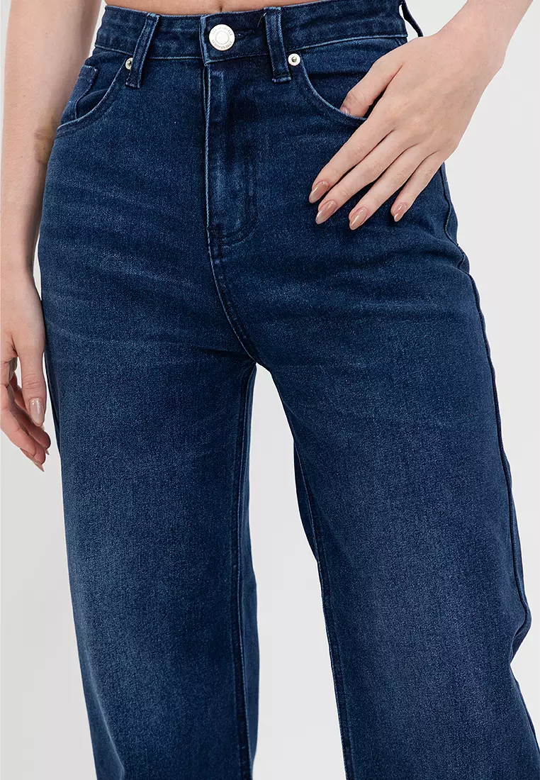Ladies Wide Leg Denim Jeans Dark Blue