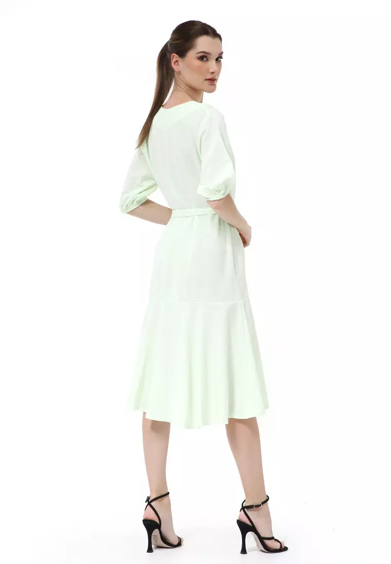Rachel Midi Dress Ruffle Wanita with Strap Lengan Pendek Material Linen ORIGINAL - Soft Green