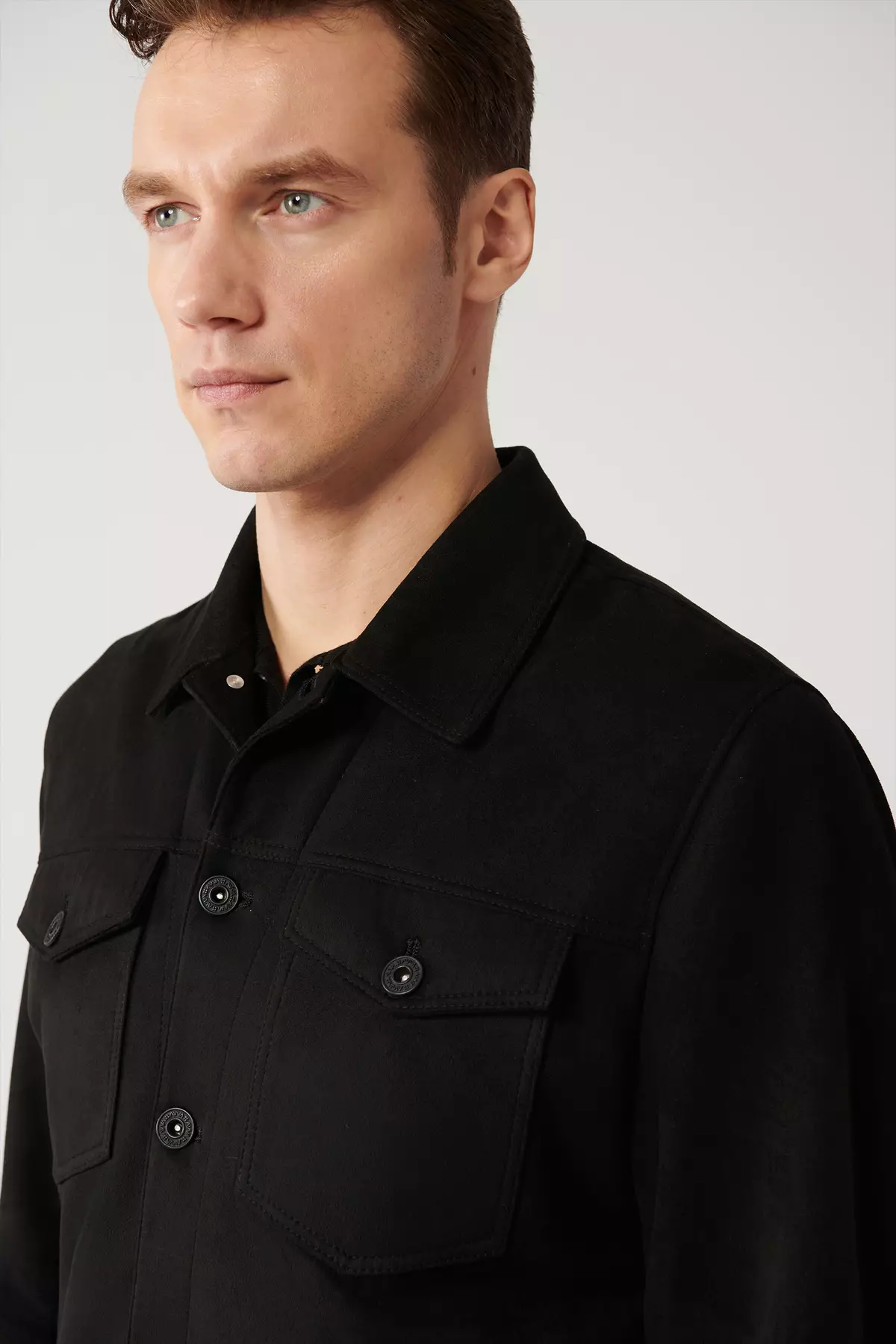Men'S Black Classic Collar Suede Textured Seasonal Comfort Fit Coat A41Y6011