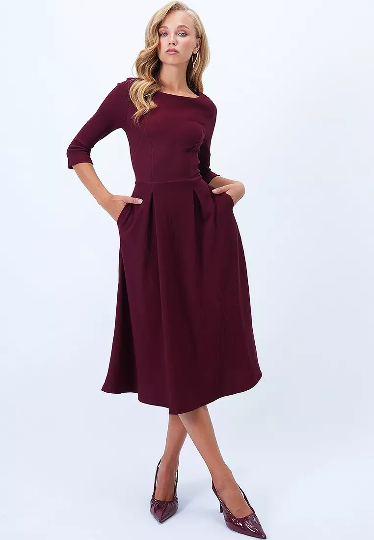 Boat Neck Flared Midi Dress