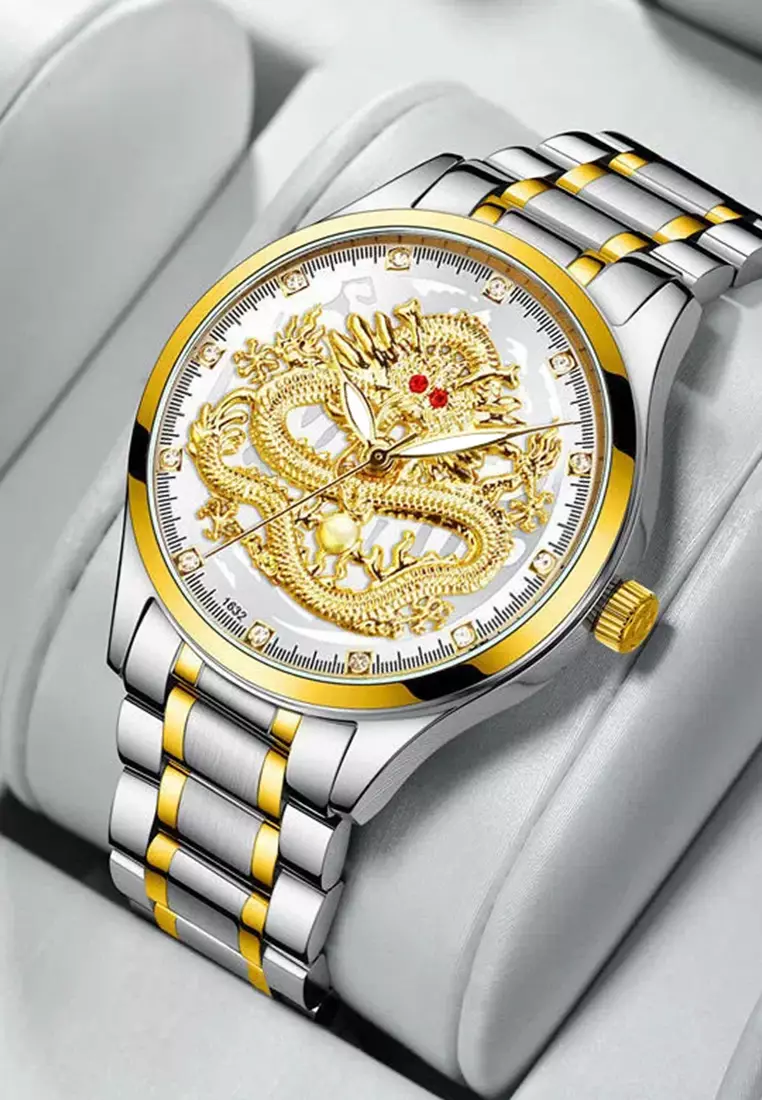 Jam Tangan Pria 9002 Naga Emas Stainless Steel Quartz Original Dragon Gold Kuning Jam Tangan Cowok white