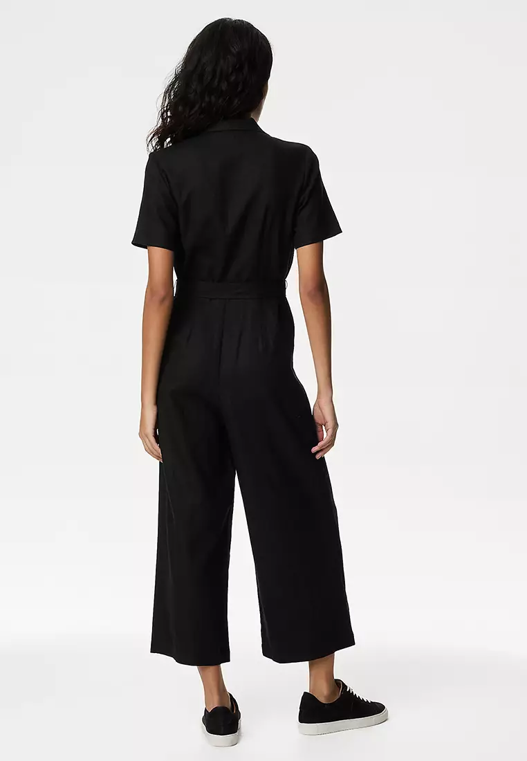 Linen Blend Belted Utility Jumpsuit