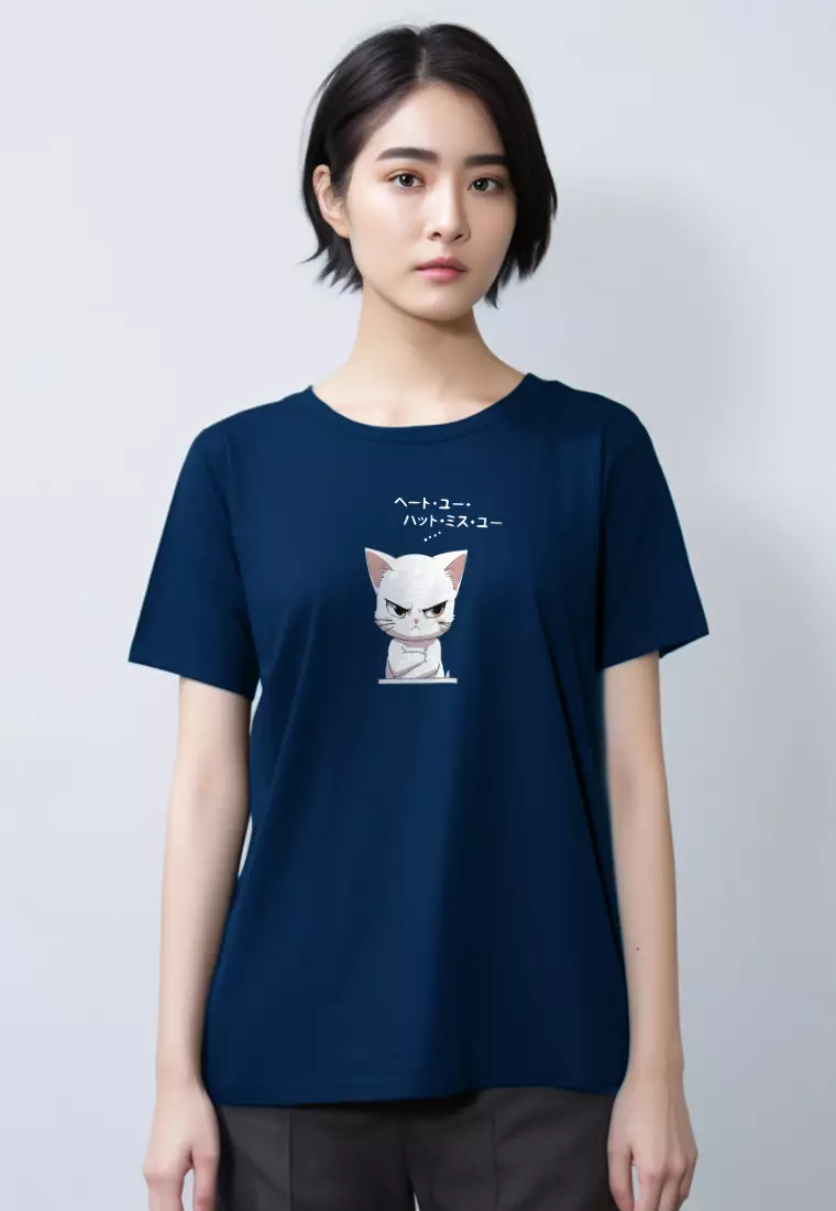 LTG67 Kaos Gambar Kucing Tangan Pendek Wanita Instacool "cat quote" navy