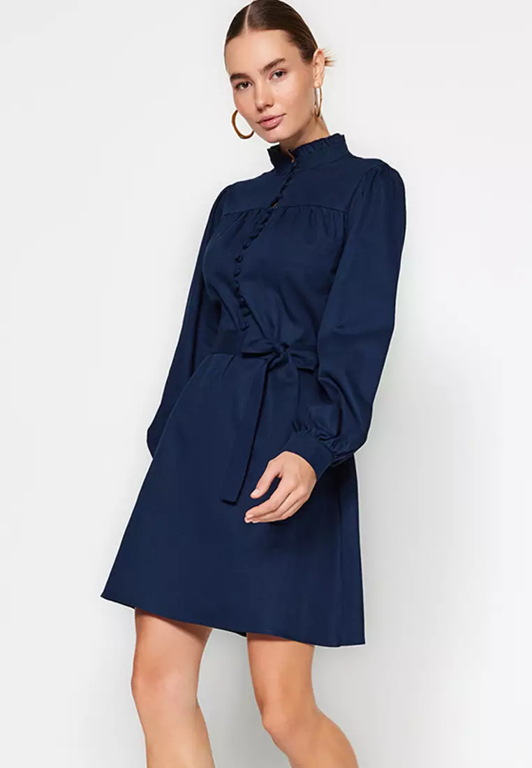 High Collar Woven Dress