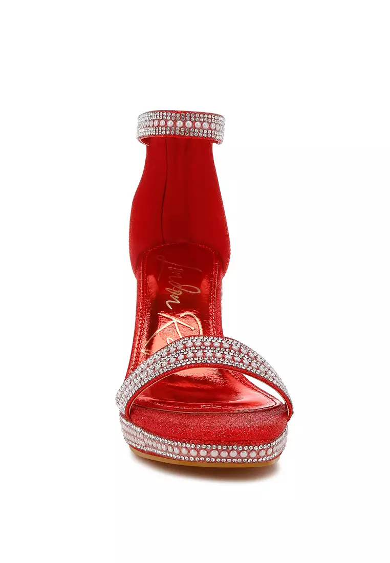 Sandal Berlian Imitasi Dan Hiasan Mutiara Warna Merah