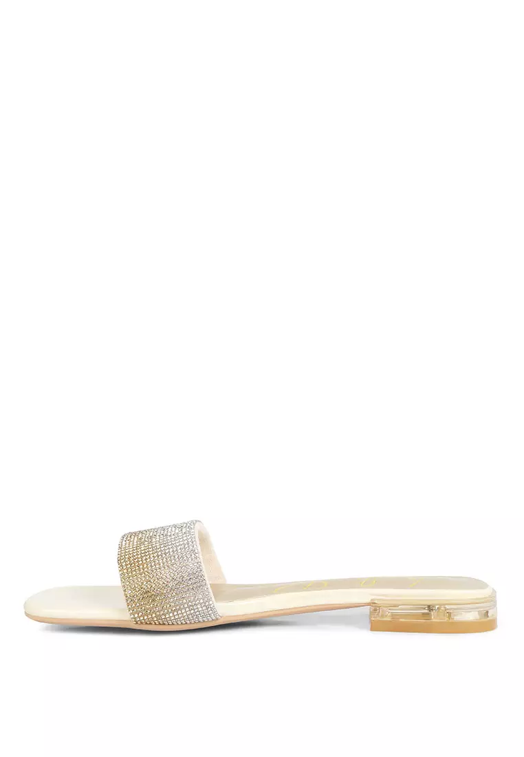 Beige Rhinestone Slip On Sandals