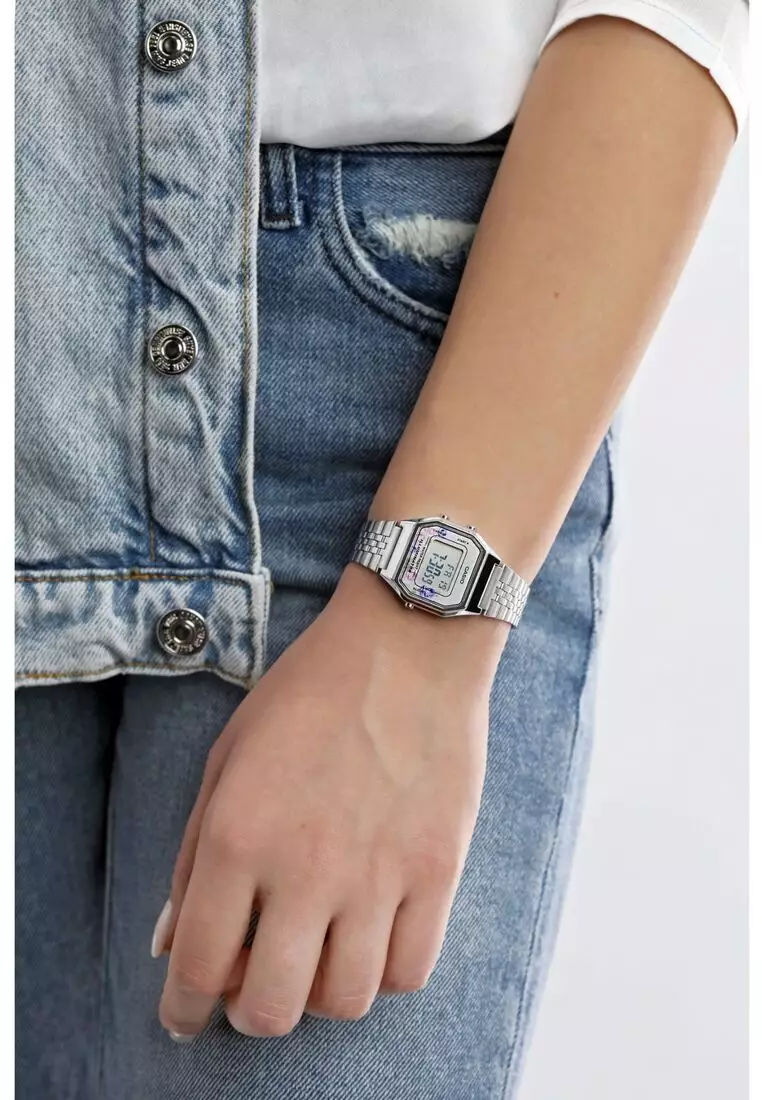 Vintage Women Digital Watch LA680WA-4C Silver Stainless Steel Strap