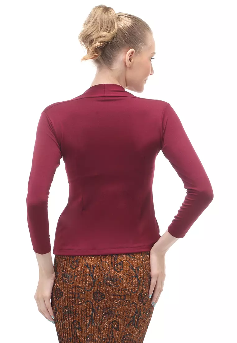Kebaya Atasan Wanita Motif Solid Long Sleeves Slip On Style Design Casual Relaxed Fit - Maroon